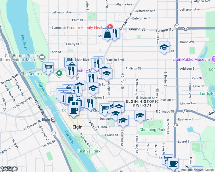map of restaurants, bars, coffee shops, grocery stores, and more near 140 College Street in Elgin
