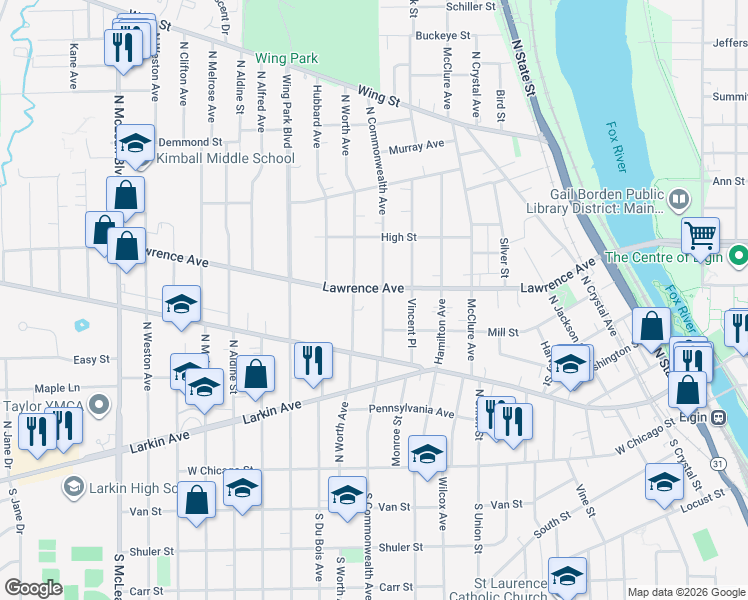 map of restaurants, bars, coffee shops, grocery stores, and more near 308 Vincent Place in Elgin