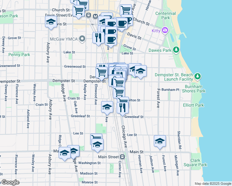 map of restaurants, bars, coffee shops, grocery stores, and more near 530 Dempster Street in Evanston