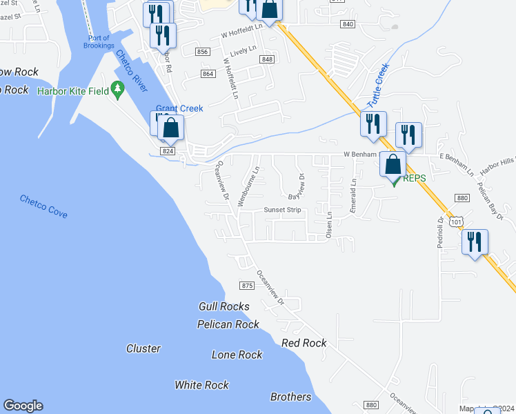 map of restaurants, bars, coffee shops, grocery stores, and more near 97959 Lucas Lane in Brookings