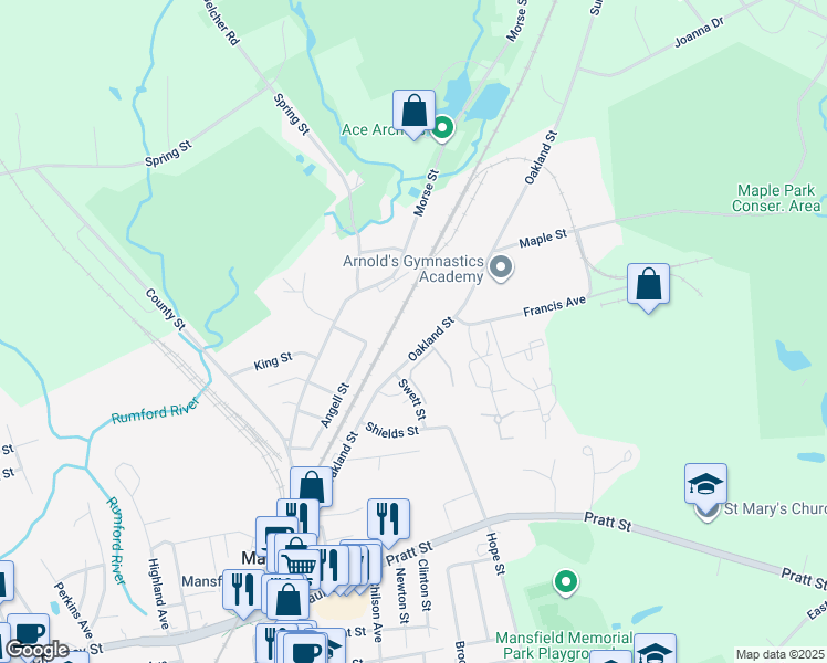 map of restaurants, bars, coffee shops, grocery stores, and more near 150 Oakland Street in Mansfield