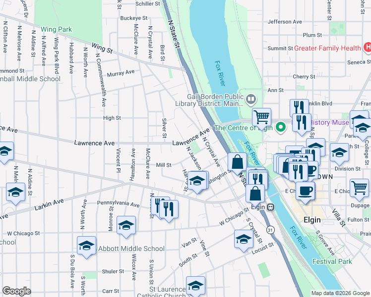 map of restaurants, bars, coffee shops, grocery stores, and more near 318 Lawrence Avenue in Elgin
