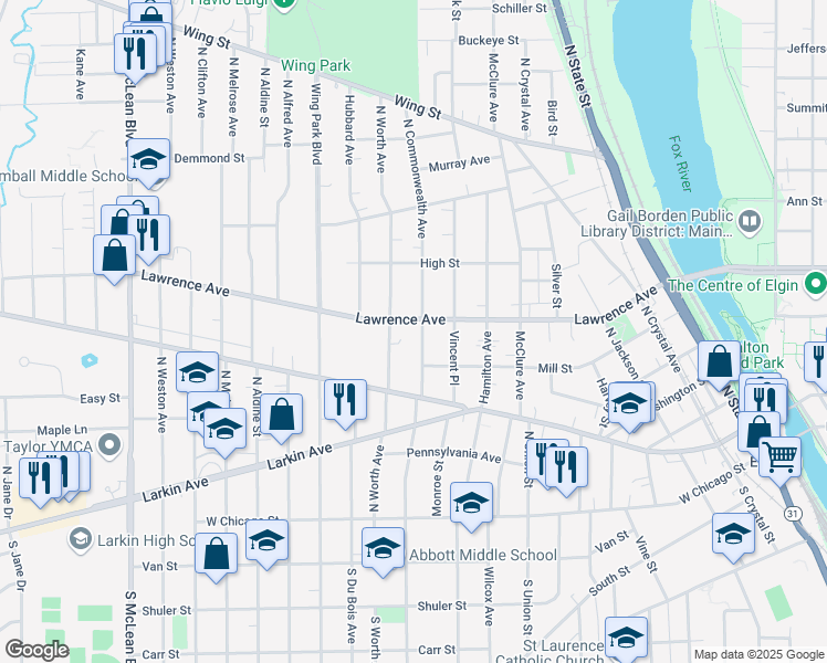 map of restaurants, bars, coffee shops, grocery stores, and more near 308 Vincent Place in Elgin
