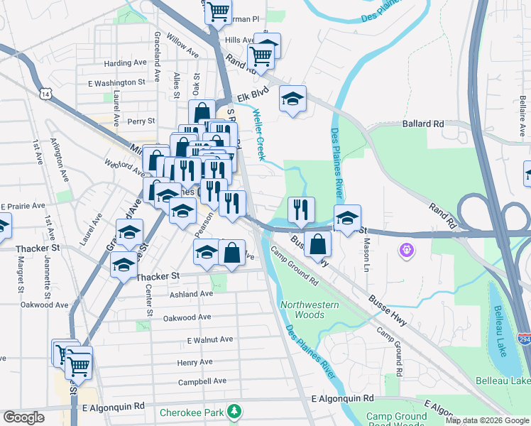 map of restaurants, bars, coffee shops, grocery stores, and more near 711 South River Road in Des Plaines