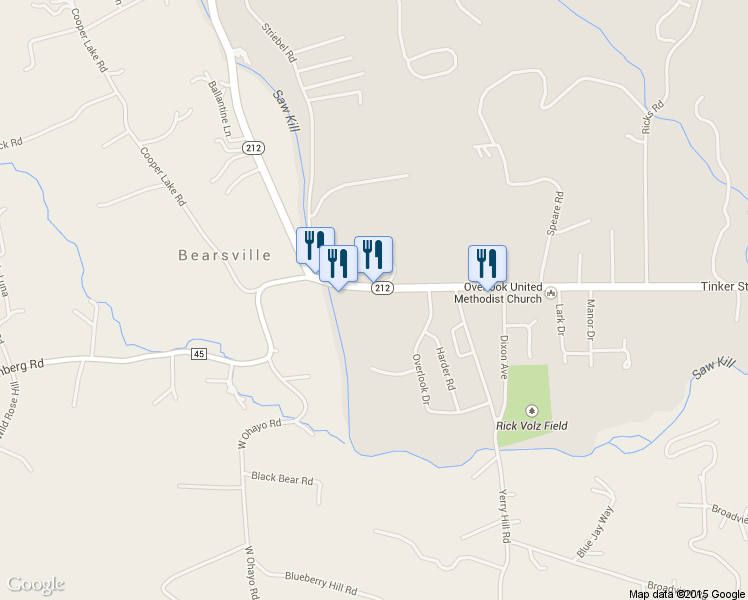map of restaurants, bars, coffee shops, grocery stores, and more near 285 Tinker Street in Woodstock