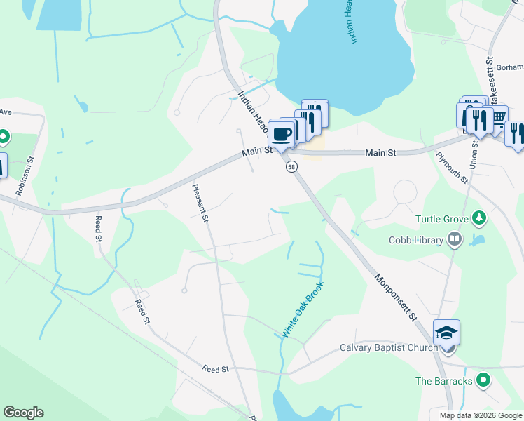 map of restaurants, bars, coffee shops, grocery stores, and more near 38 Sandy Terrace in Hanson