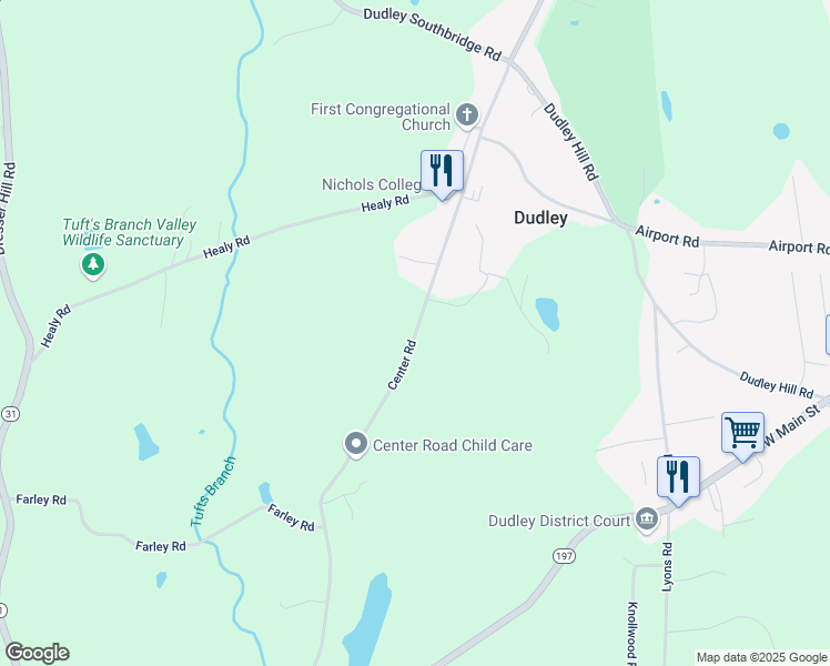 map of restaurants, bars, coffee shops, grocery stores, and more near Center Road in Dudley