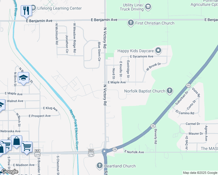 map of restaurants, bars, coffee shops, grocery stores, and more near 1007 Sunrise Drive in Norfolk