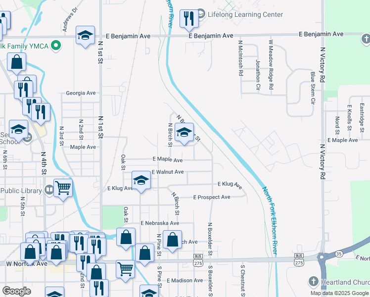 map of restaurants, bars, coffee shops, grocery stores, and more near 600 Spruce Avenue in Norfolk