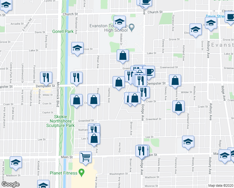 map of restaurants, bars, coffee shops, grocery stores, and more near 2014 Dempster Street in Evanston