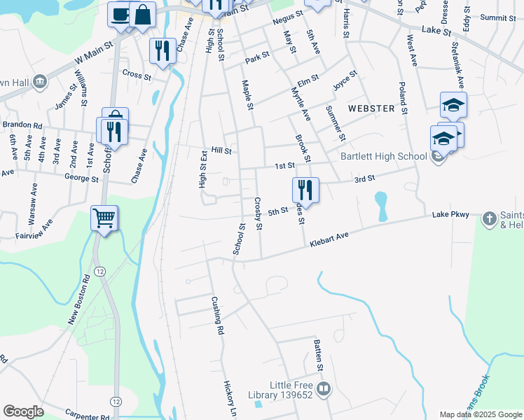 map of restaurants, bars, coffee shops, grocery stores, and more near 19 Crosby Street in Webster