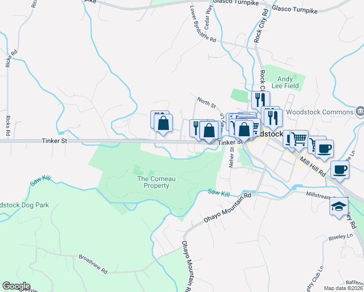 map of restaurants, bars, coffee shops, grocery stores, and more near 120 Tinker Street in Woodstock