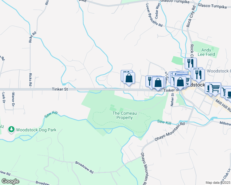 map of restaurants, bars, coffee shops, grocery stores, and more near 151 Tinker Street in Woodstock