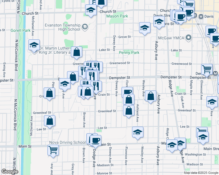 map of restaurants, bars, coffee shops, grocery stores, and more near 1229 Darrow Avenue in Evanston