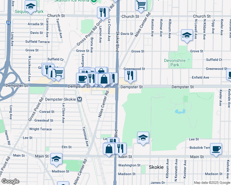 map of restaurants, bars, coffee shops, grocery stores, and more near 4811 Illinois 58 in Skokie