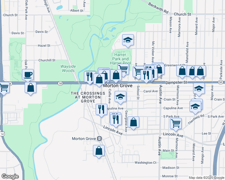 map of restaurants, bars, coffee shops, grocery stores, and more near in Morton Grove