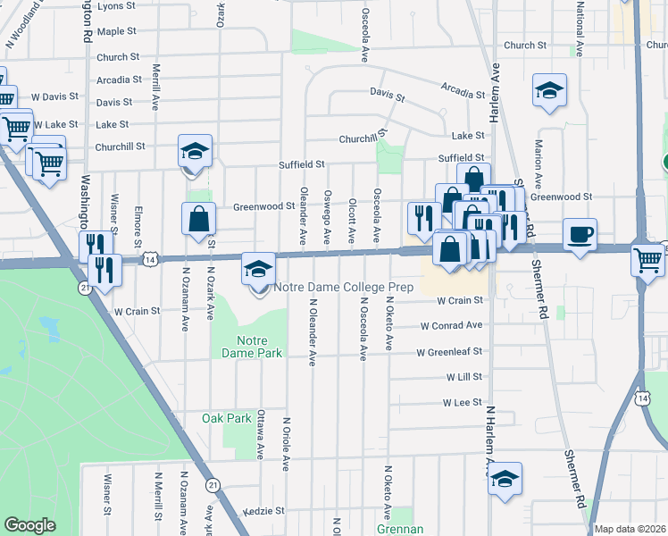 map of restaurants, bars, coffee shops, grocery stores, and more near 8761 North Oleander Avenue in Niles