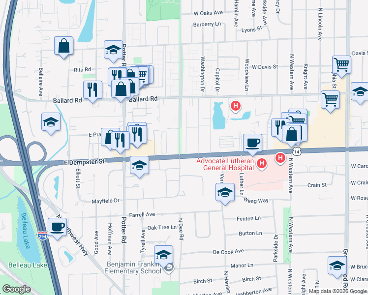 map of restaurants, bars, coffee shops, grocery stores, and more near 8807 Dee Road in Des Plaines