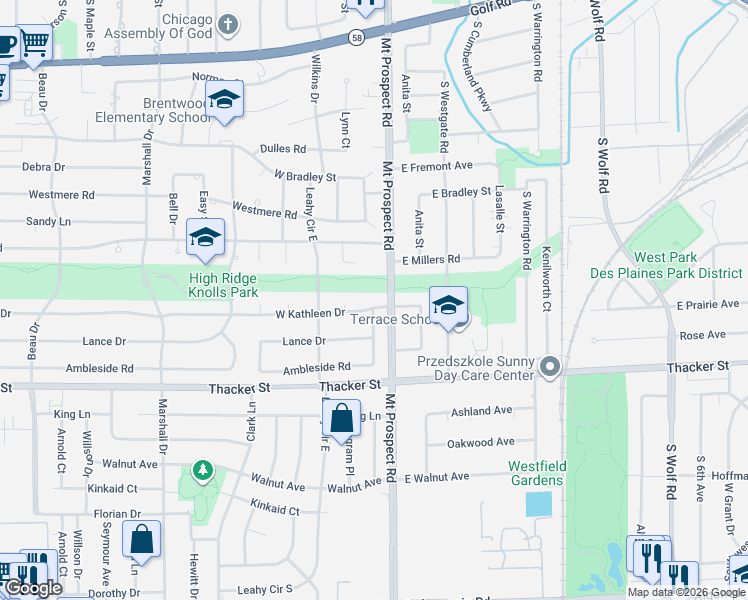 map of restaurants, bars, coffee shops, grocery stores, and more near 70 West Kathleen Drive in Des Plaines