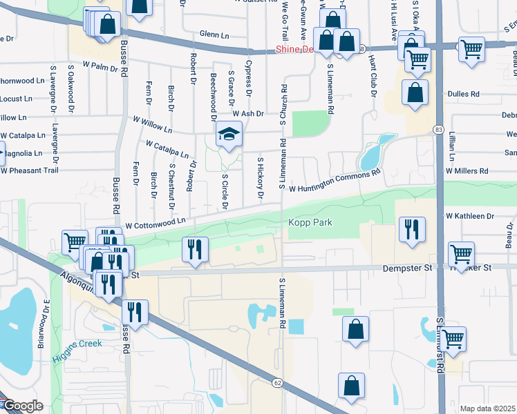 map of restaurants, bars, coffee shops, grocery stores, and more near 1421 Cypress Drive in Mount Prospect