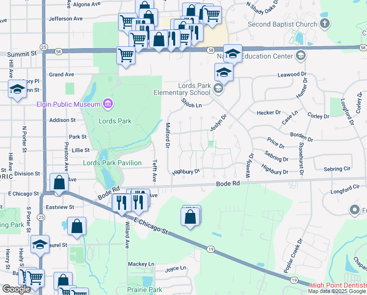 map of restaurants, bars, coffee shops, grocery stores, and more near 19 Joslyn Drive in Elgin