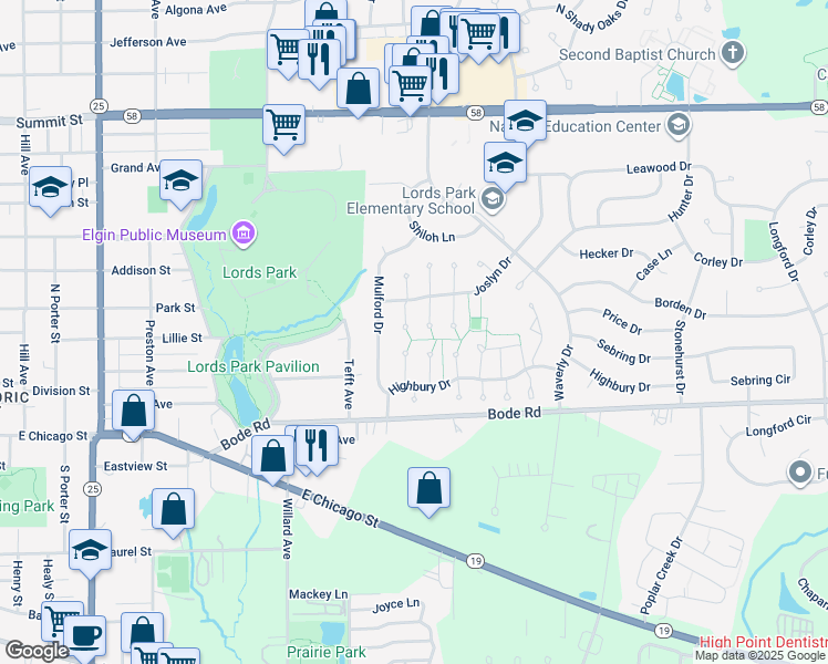 map of restaurants, bars, coffee shops, grocery stores, and more near 19 Joslyn Drive in Elgin