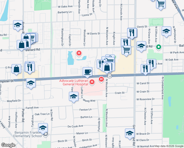 map of restaurants, bars, coffee shops, grocery stores, and more near 1620 Dempster Street in Park Ridge