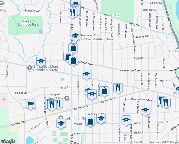 map of restaurants, bars, coffee shops, grocery stores, and more near 216 North Melrose Avenue in Elgin