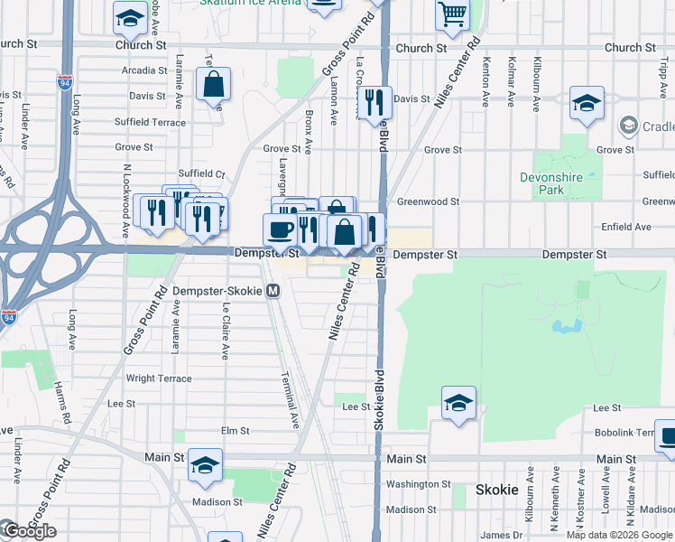 map of restaurants, bars, coffee shops, grocery stores, and more near in Skokie