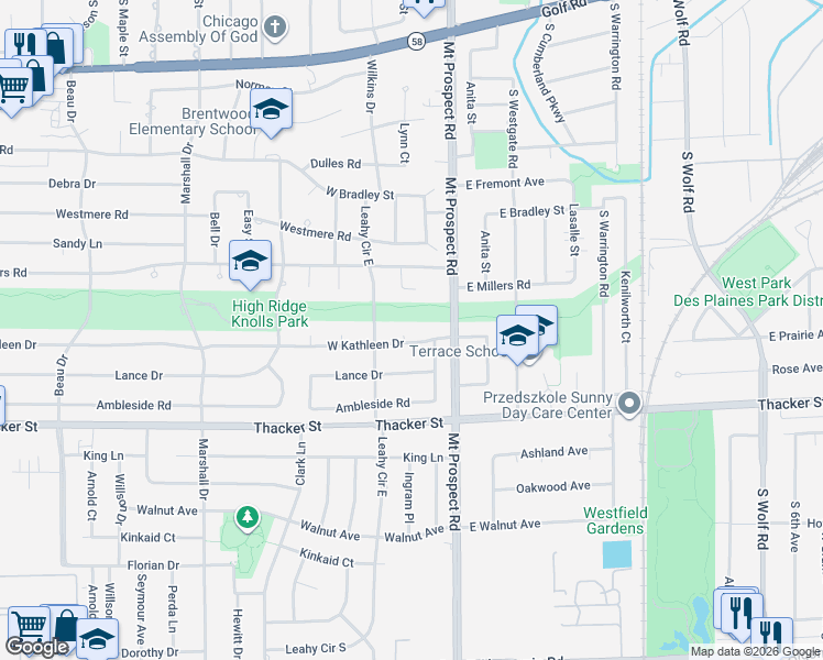 map of restaurants, bars, coffee shops, grocery stores, and more near 70 West Kathleen Drive in Des Plaines