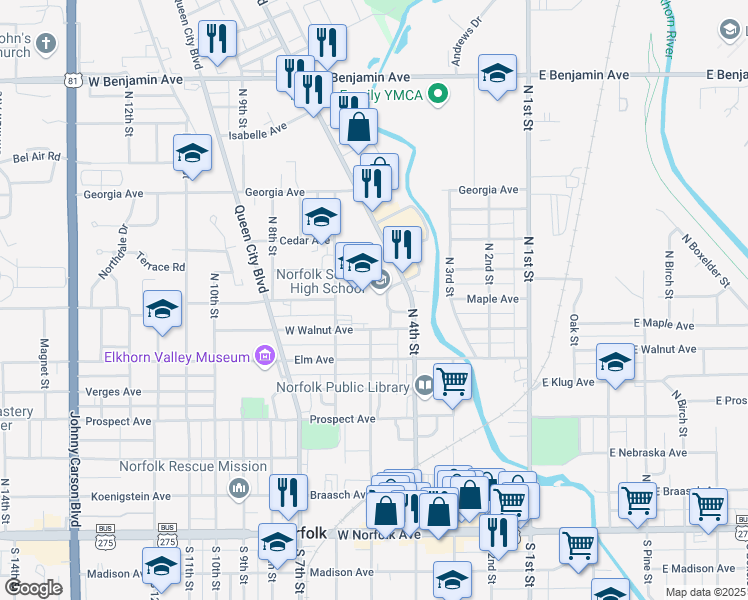map of restaurants, bars, coffee shops, grocery stores, and more near 801 Riverside Boulevard in Norfolk