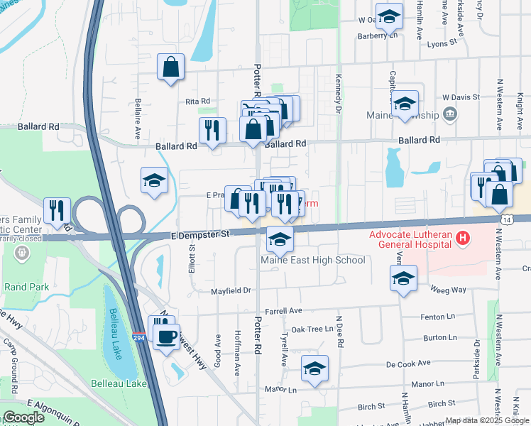map of restaurants, bars, coffee shops, grocery stores, and more near 9377 Landings Lane in Des Plaines
