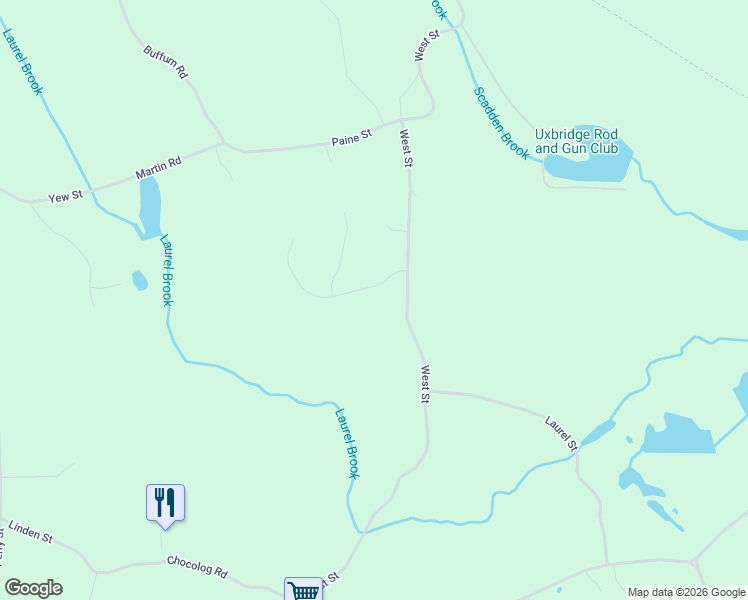 map of restaurants, bars, coffee shops, grocery stores, and more near 20 Southwoods Drive in Uxbridge