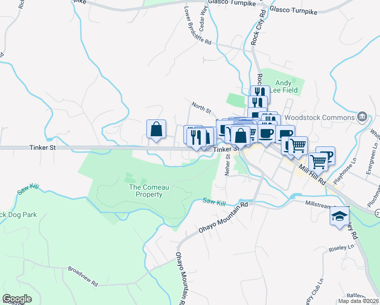 map of restaurants, bars, coffee shops, grocery stores, and more near Tinker Street in Woodstock