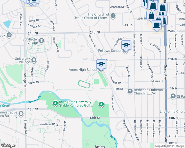 map of restaurants, bars, coffee shops, grocery stores, and more near 1934 Ames High Drive in Ames