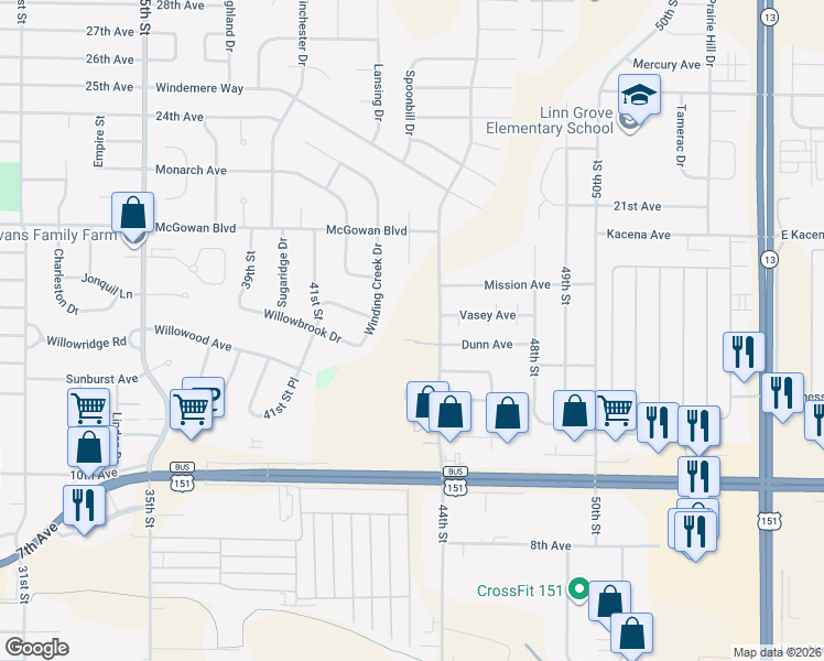 map of restaurants, bars, coffee shops, grocery stores, and more near 1520 44th Street in Marion