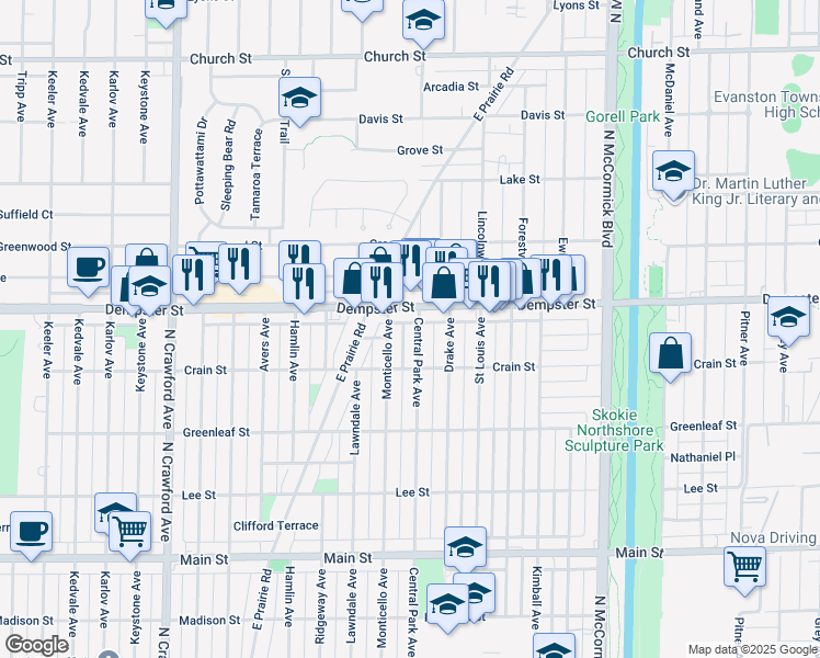 map of restaurants, bars, coffee shops, grocery stores, and more near 3601 Dempster Street in Skokie