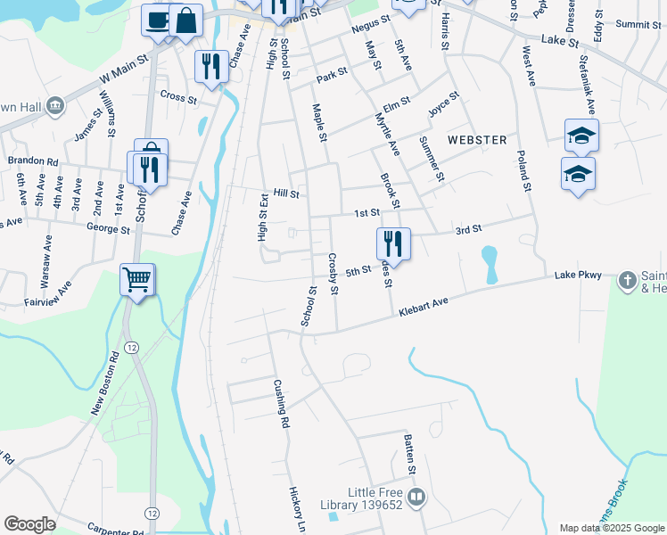 map of restaurants, bars, coffee shops, grocery stores, and more near 19 Crosby Street in Webster