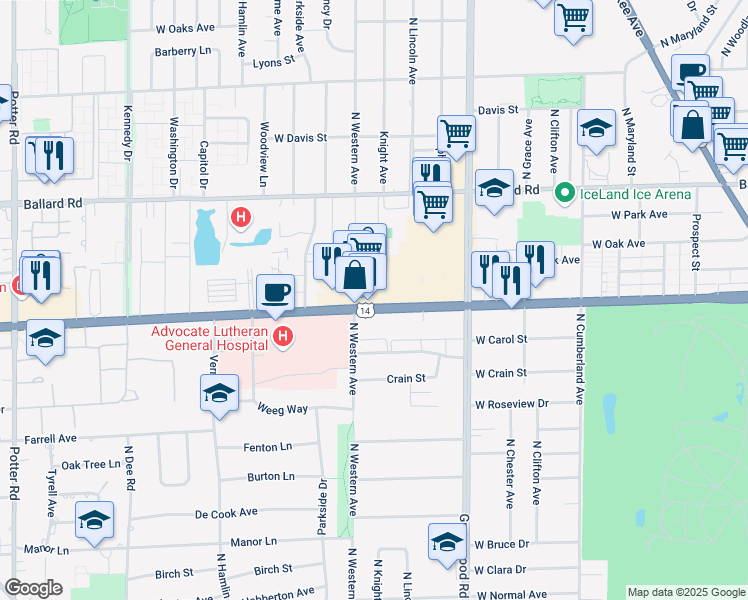 map of restaurants, bars, coffee shops, grocery stores, and more near 8730 W Dempster St in Niles