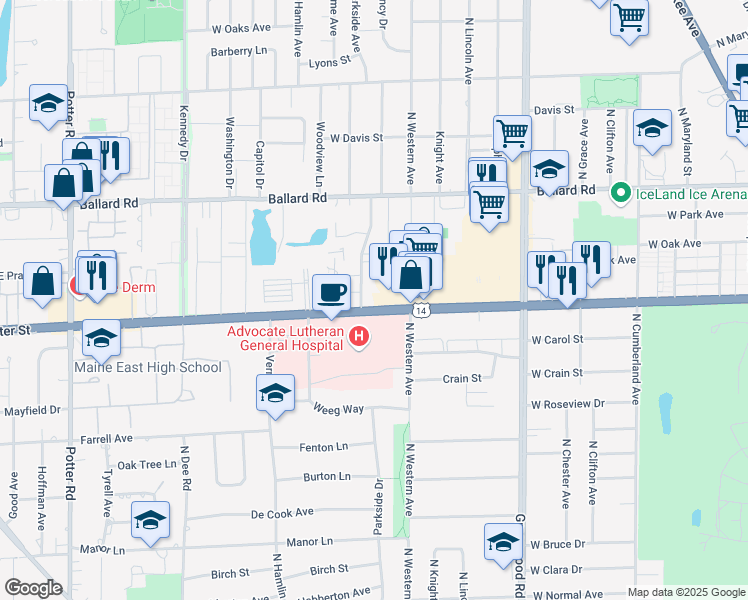 map of restaurants, bars, coffee shops, grocery stores, and more near 1840 Parkside Drive in Park Ridge