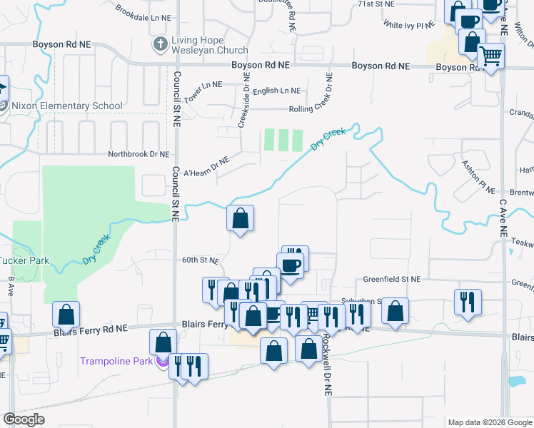 map of restaurants, bars, coffee shops, grocery stores, and more near 6135 Ridgemount Drive Northeast in Cedar Rapids