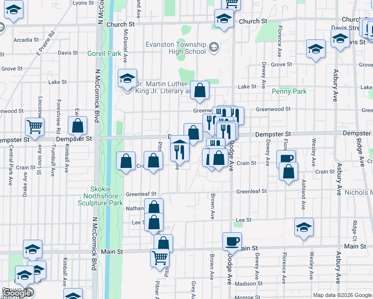 map of restaurants, bars, coffee shops, grocery stores, and more near 1285 Hartrey Avenue in Evanston