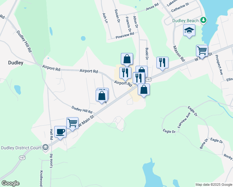 map of restaurants, bars, coffee shops, grocery stores, and more near 188 West Main Street in Dudley