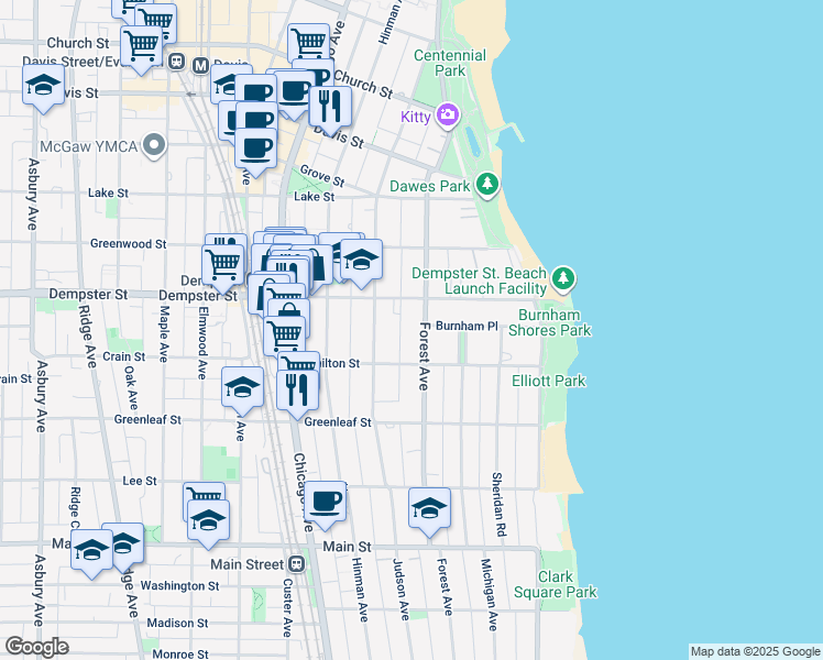 map of restaurants, bars, coffee shops, grocery stores, and more near 1232 Forest Avenue in Evanston