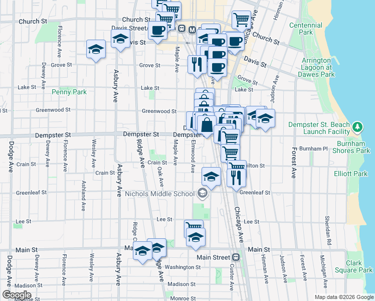 map of restaurants, bars, coffee shops, grocery stores, and more near 1228 Elmwood Avenue in Evanston