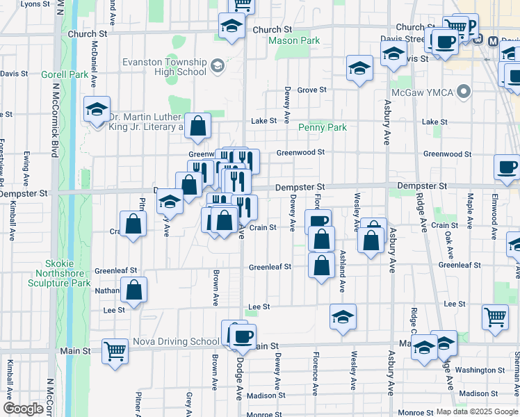 map of restaurants, bars, coffee shops, grocery stores, and more near 1229 Darrow Avenue in Evanston