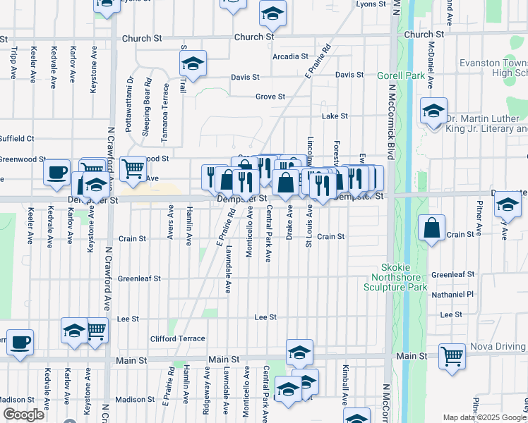 map of restaurants, bars, coffee shops, grocery stores, and more near 3601 Dempster Street in Skokie