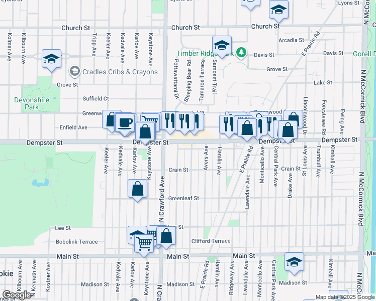 map of restaurants, bars, coffee shops, grocery stores, and more near 3911 Dempster Street in Skokie