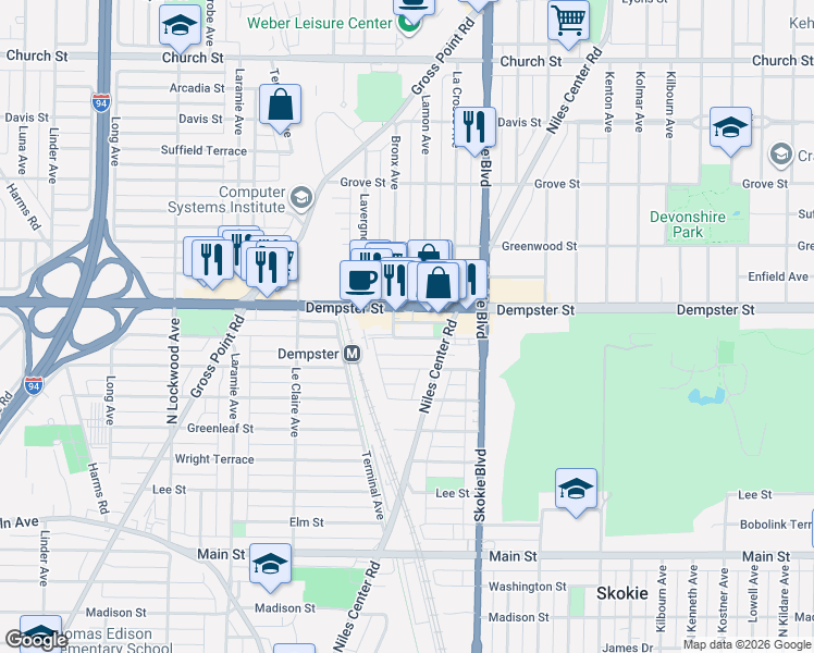map of restaurants, bars, coffee shops, grocery stores, and more near 4911 Dempster Street in Skokie
