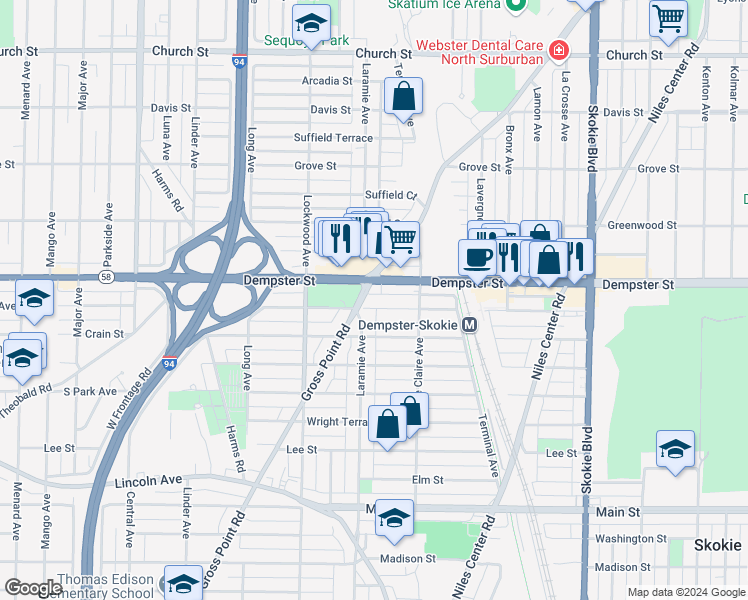 map of restaurants, bars, coffee shops, grocery stores, and more near 5139 Illinois 58 in Skokie